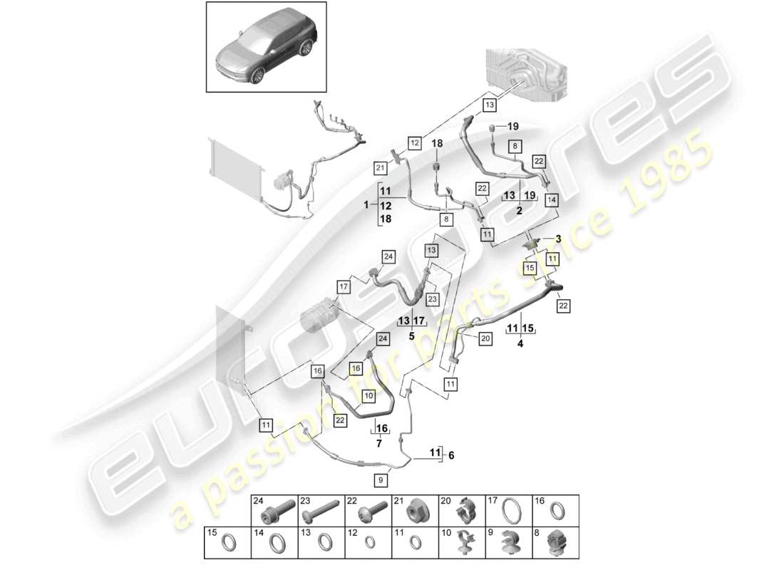 porsche 2022 (cayenne e3 9ya/9yb) air conditioning refrigerant line v8 r134a part diagram
