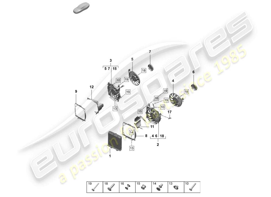 porsche 2025 (taycan 9j1-2) coolant radiator with radiator fan parts diagram