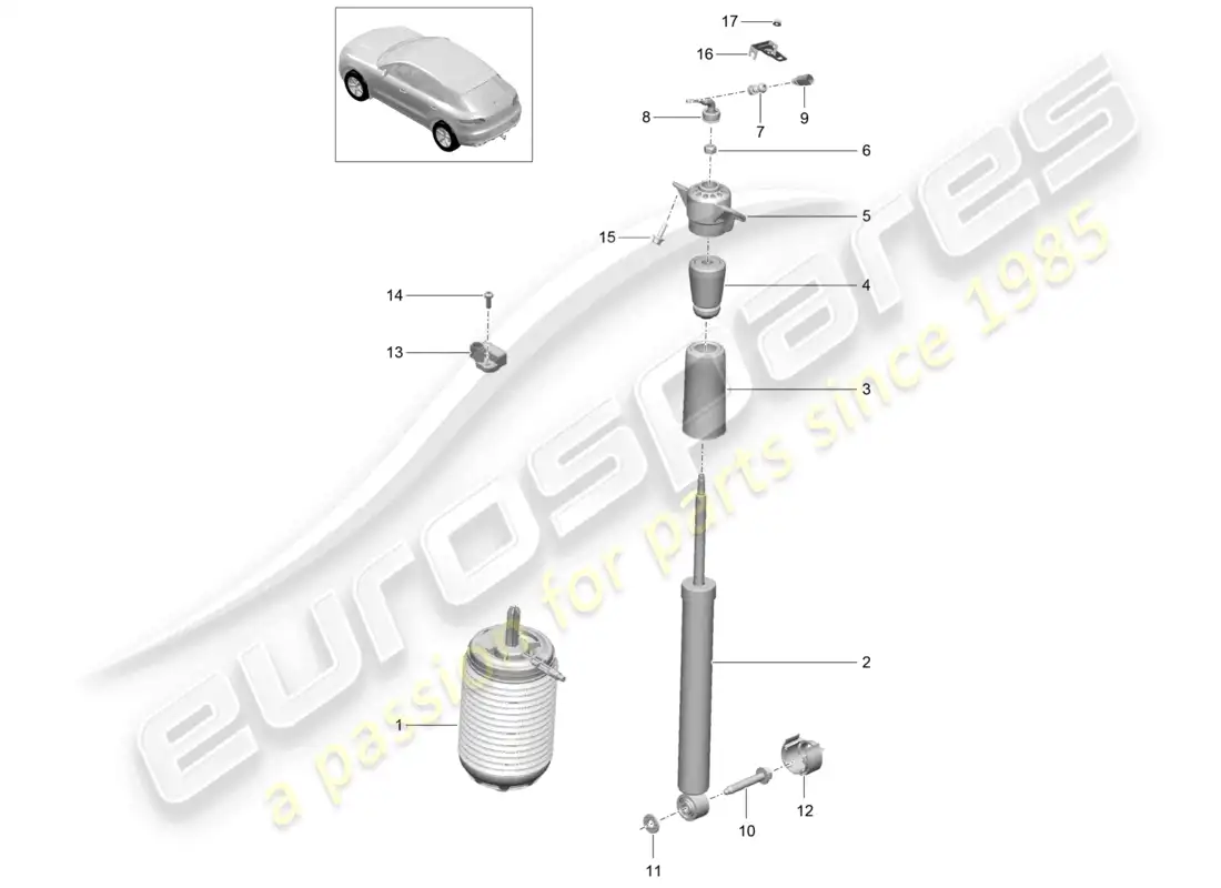 porsche 2014 (macan) air spring suspension strut, complete parts diagram