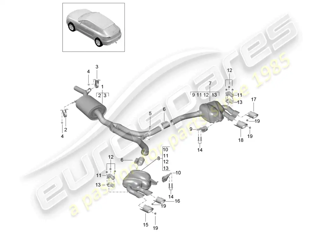 porsche 2014 (macan) exhaust system sport version front silencer rear silencer parts diagram