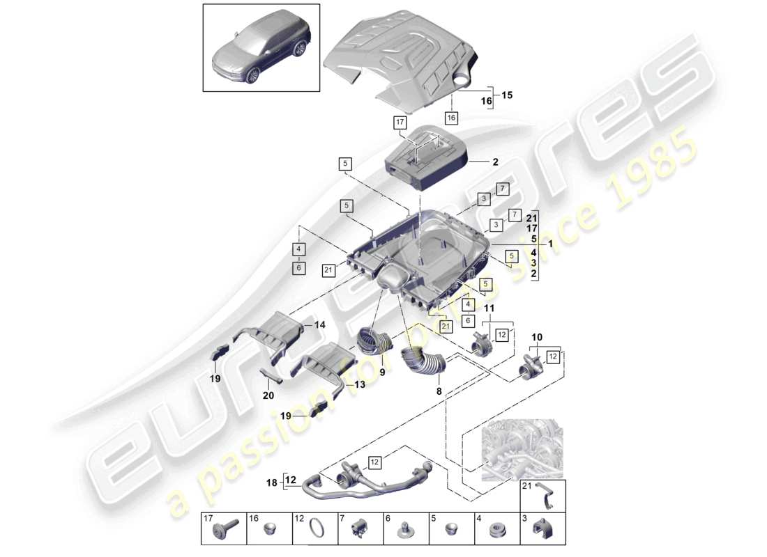 porsche 2021 (cayenne e3 9ya/9yb) air filter with connecting parts engine cover part diagram