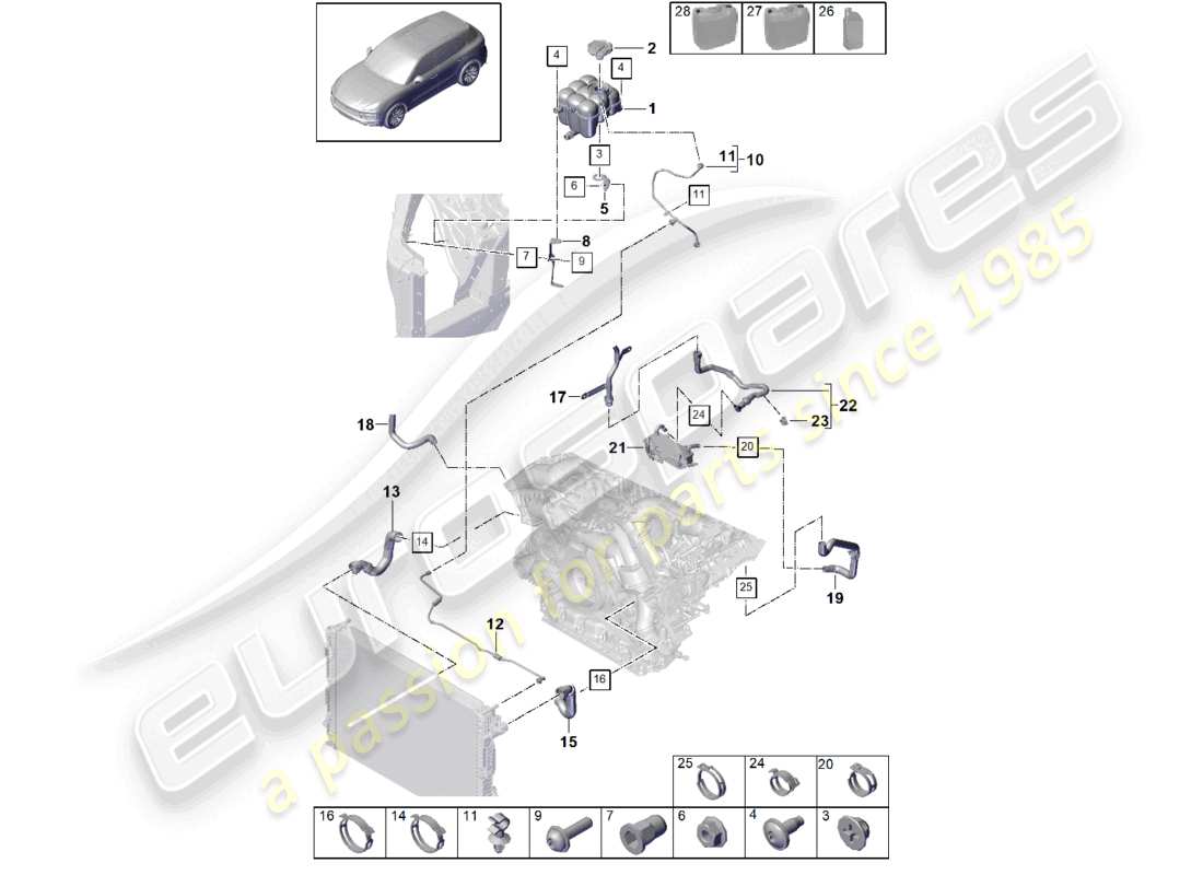 porsche 2021 (cayenne e3 9ya/9yb) coolant cooling system coolant expansion tank coolant pipe part diagram