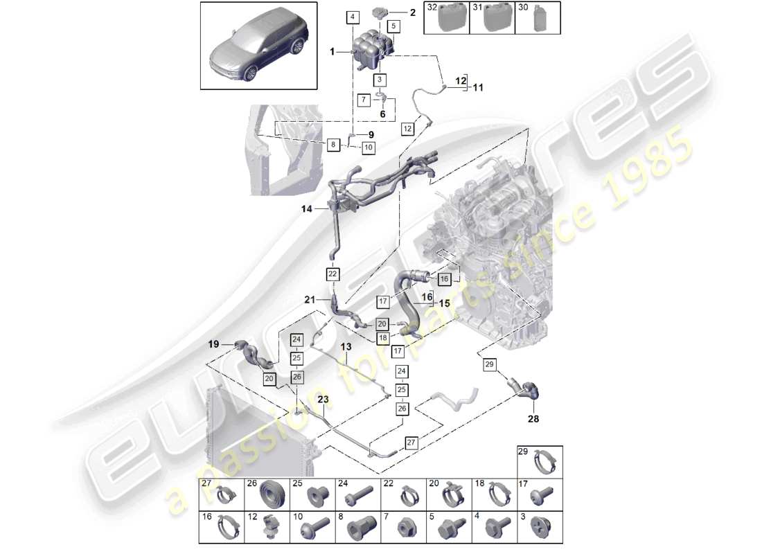 porsche 2021 (cayenne e3 9ya/9yb) coolant cooling system coolant expansion tank coolant pipe part diagram