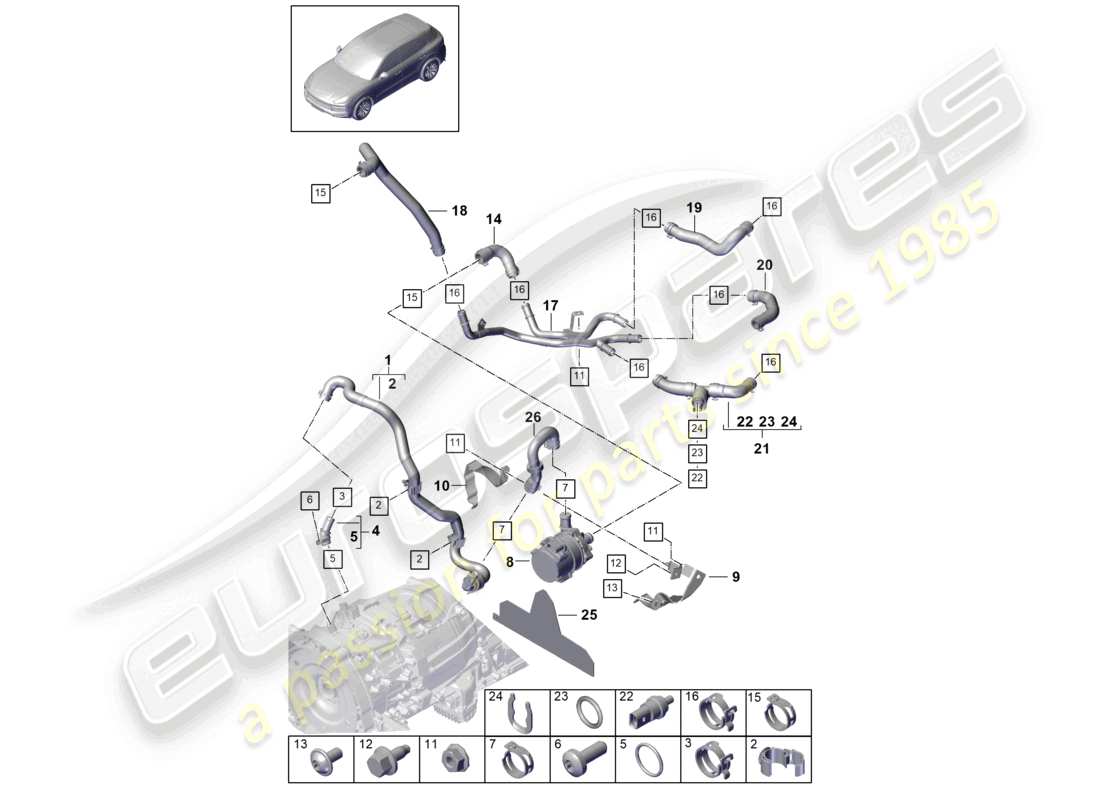 porsche 2021 (cayenne e3 9ya/9yb) coolant cooling system coolant hoses part diagram