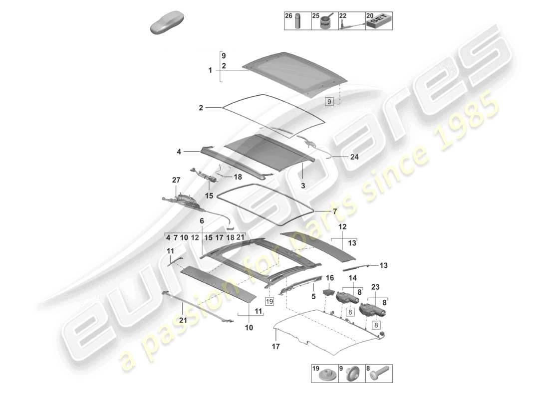 porsche 2023 (992-1) glass sunroof parts diagram
