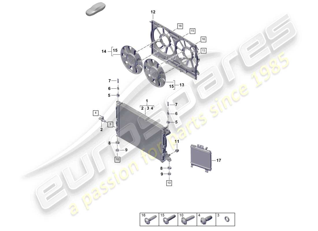 porsche 2024 (cayenne e3 pa) coolant cooling system cooler for coolant radiator cowl part diagram