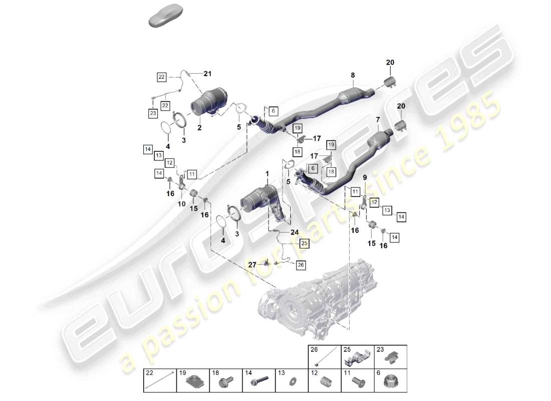 porsche 2024 (cayenne e3 pa) exhaust system petrol particulate filter exhaust pipe with catalyst lambda probe part diagram