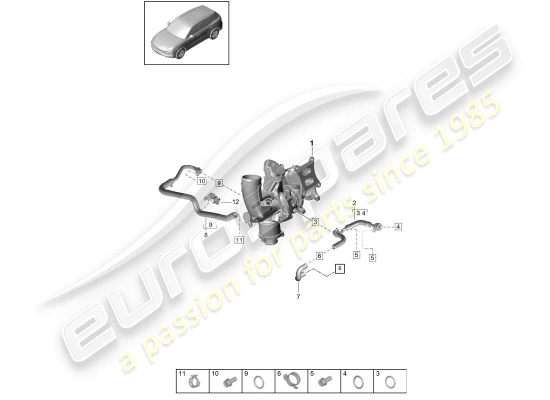 porsche 2021 (cayenne e3 9ya/9yb) coolant cooling system for turbocharger part diagram