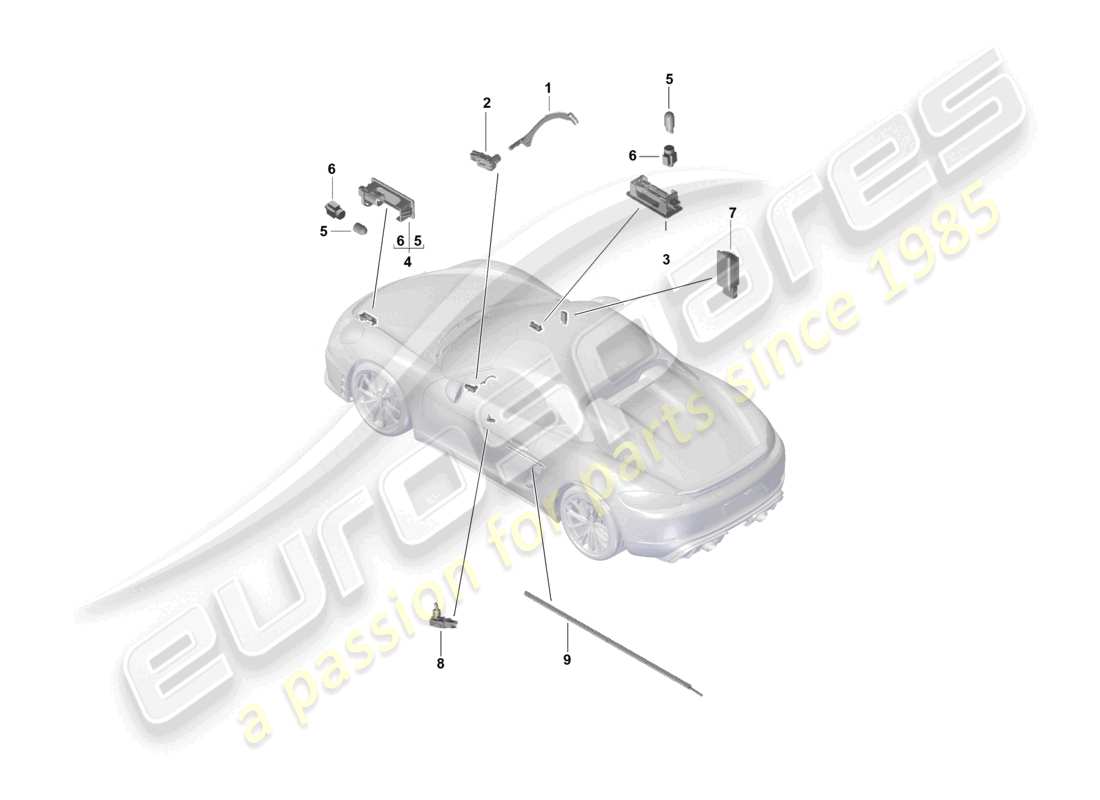 porsche 2021 (718 boxster spyder) interior light door warning light fussraumleuchte luggage compartment lamp glove box light light exterior mirror parts diagram