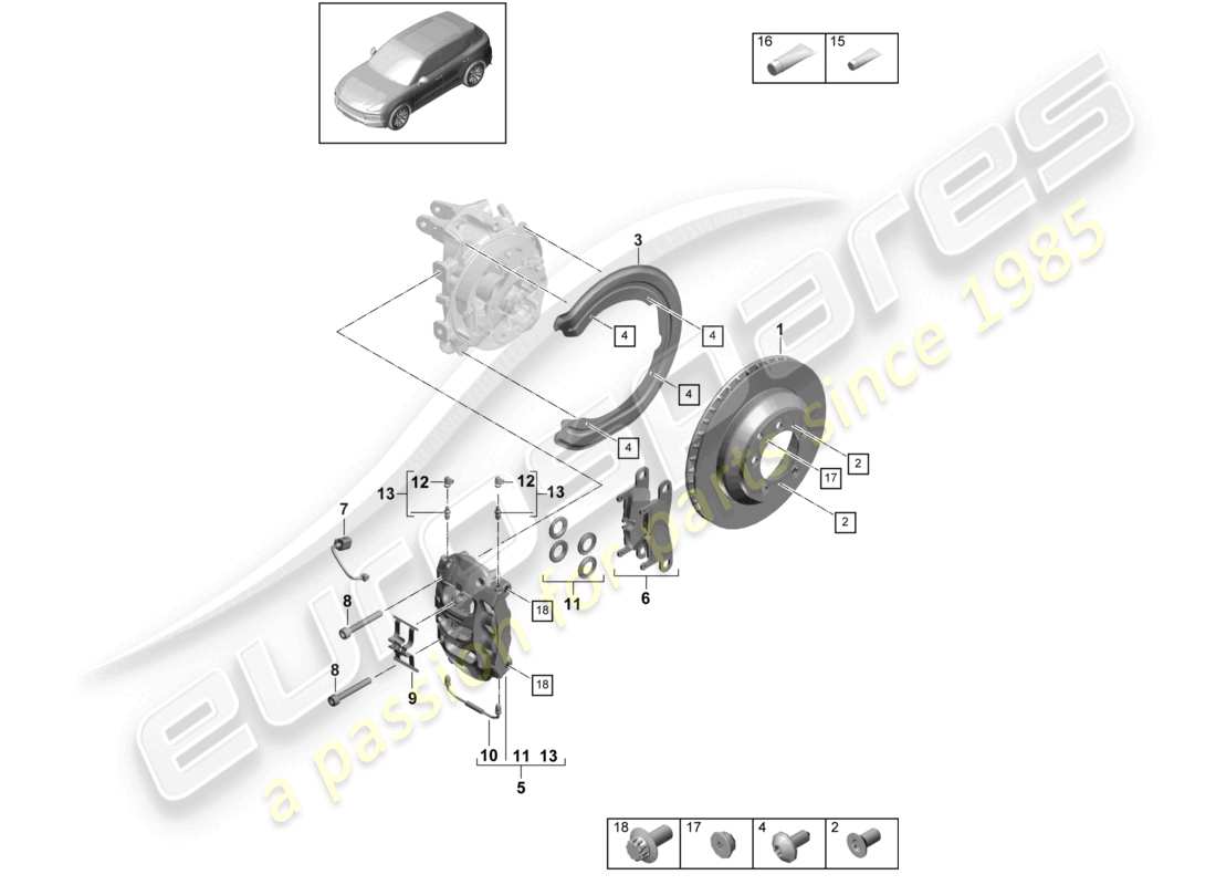 porsche 2021 (cayenne e3 9ya/9yb) disc brake 19 rear axle black/green red part diagram