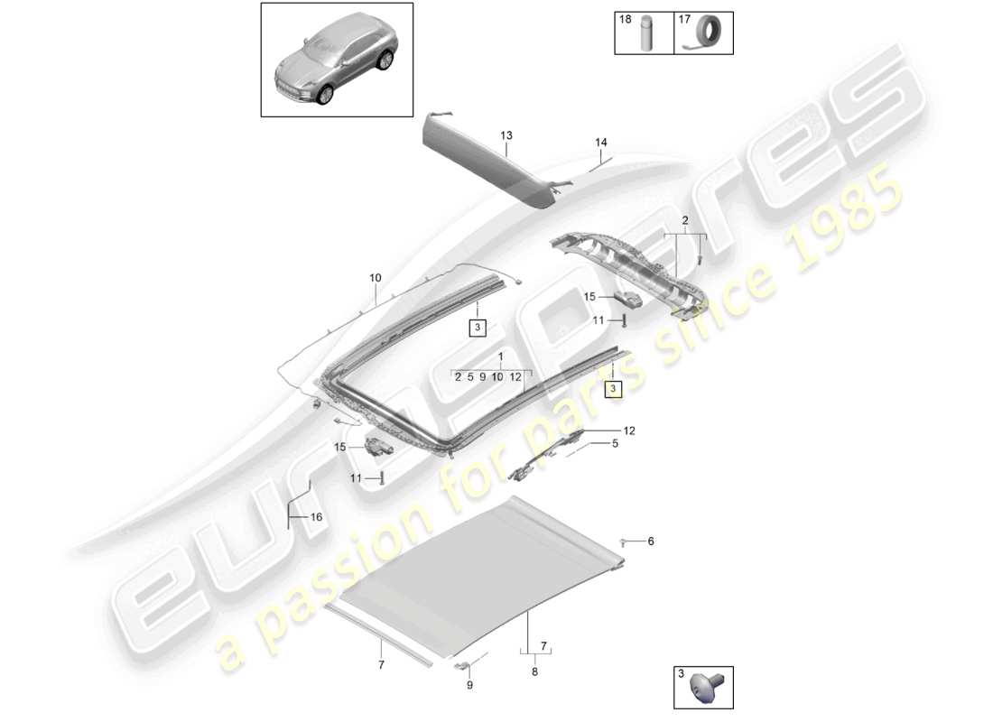 porsche 2021 (macan) glass roof frame accessories part diagram
