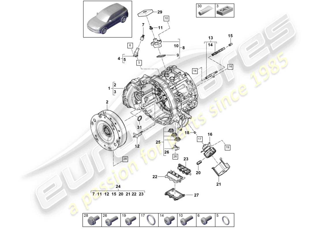 porsche 2021 (cayenne e3 9ya/9yb) traction motor for elec. drive for vehicles with hybrid drive part diagram