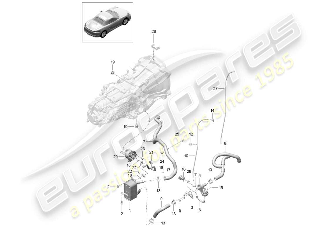porsche 2021 (718 boxster) manual gearbox heat exchanger oil pipe water pipe parts diagram