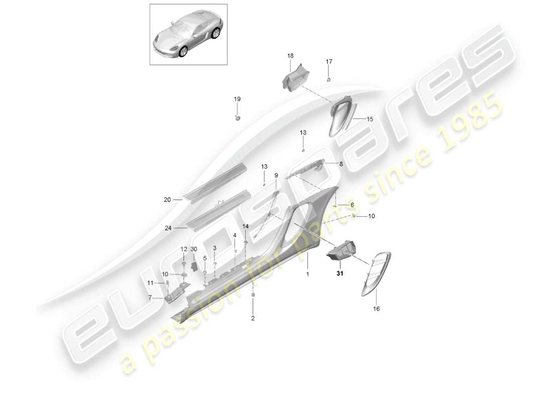 porsche 2023 (718 cayman) side member trim and air guide engine bay part diagram