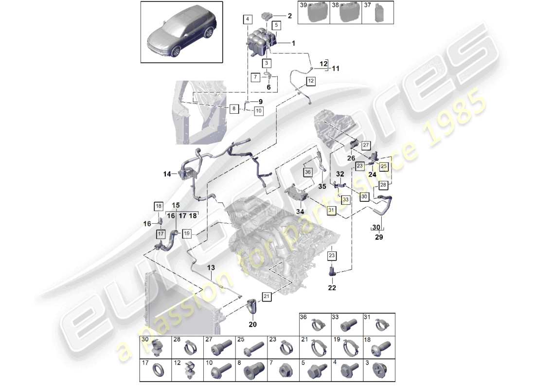 porsche 2024 (cayenne e3 9ya/9yb) coolant cooling system coolant expansion tank coolant pipe parts diagram