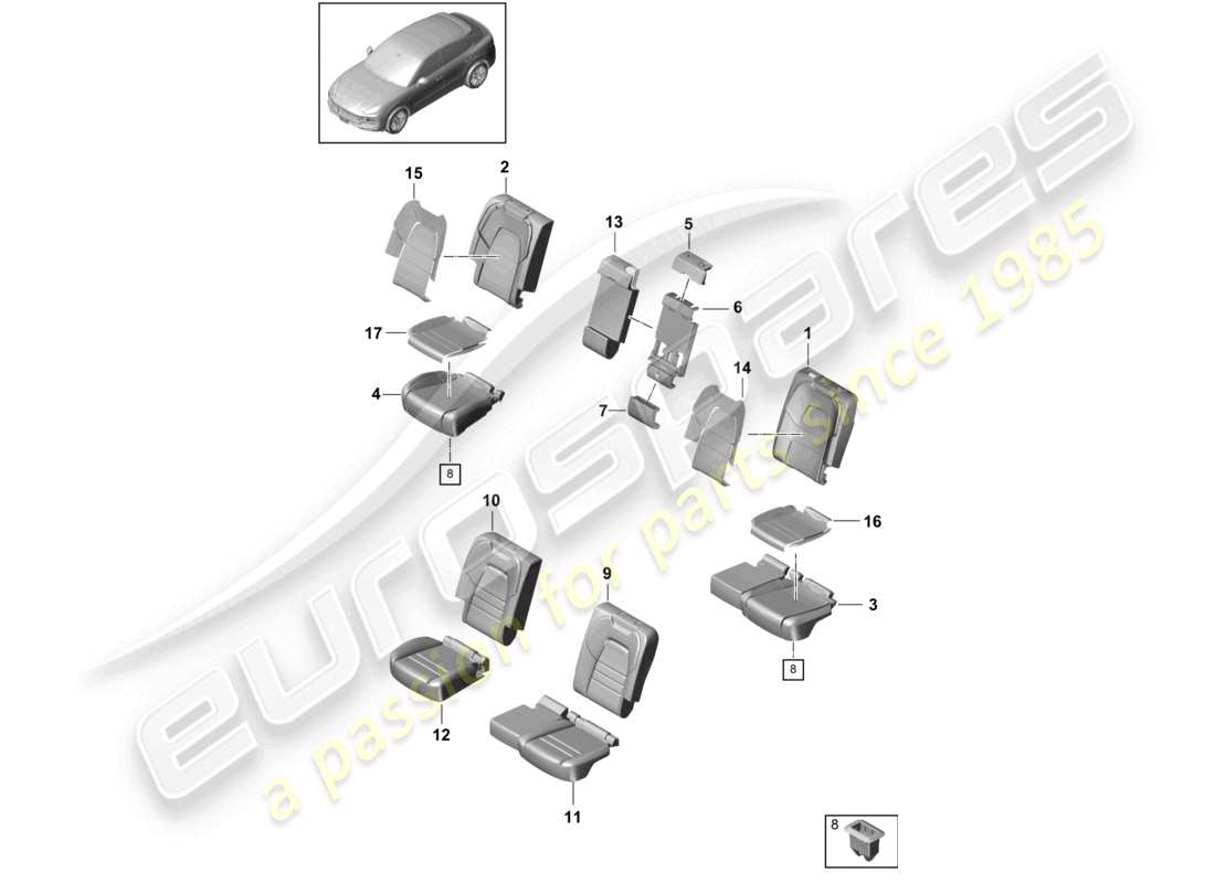 porsche 2022 (cayenne e3 9ya/9yb) seat rear comfort seat foam part seat cover part diagram
