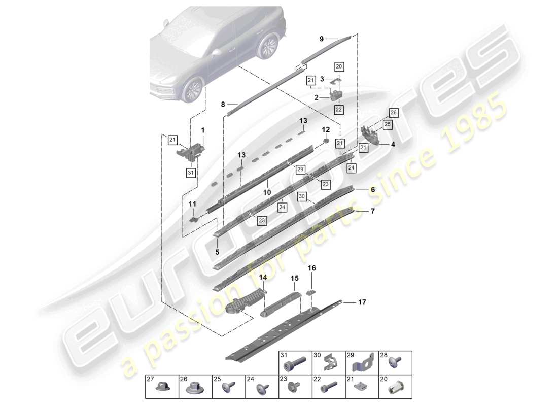 porsche 2021 (cayenne e3 9ya/9yb) side member trim accessories part diagram