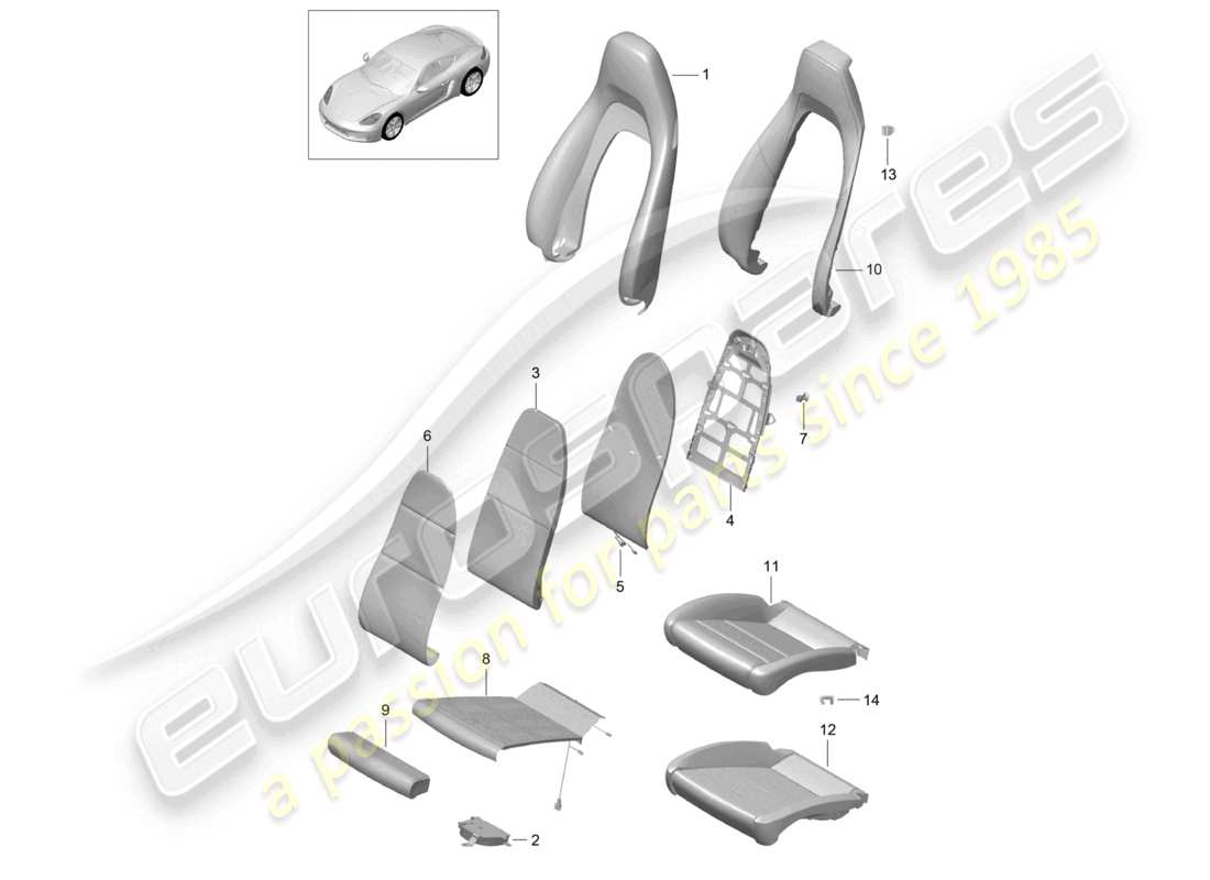 porsche 2024 (718 cayman) foam part backrest covers seat covers sports seat plus parts diagram