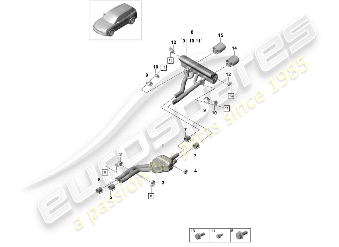 porsche 2021 (cayenne e3 9ya/9yb) exhaust system sport version front silencer rear silencer tailpipe part diagram