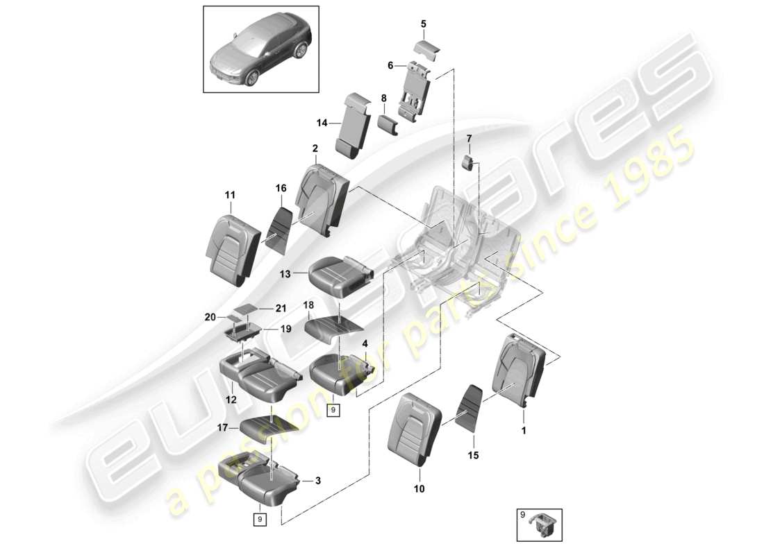 porsche 2021 (cayenne e3 9ya/9yb) seat rear sports seat foam part backrest covers seat covers part diagram