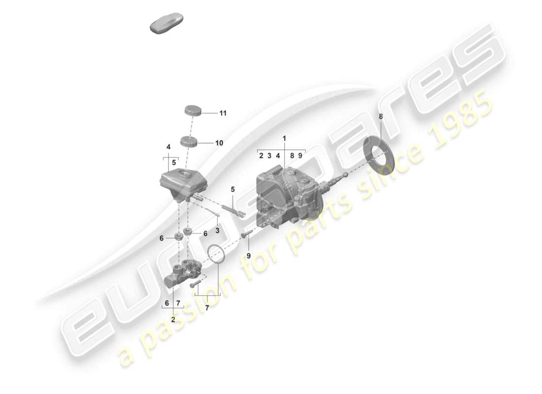 porsche 2023 (panamera 971-2) brake servo with hybrid brake master cylinder and brake fluid reservoir parts diagram