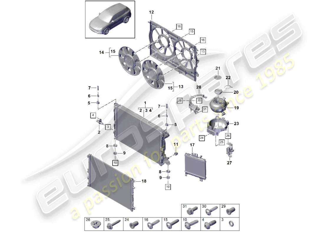 porsche 2023 (cayenne e3 9ya/9yb) coolant cooling system cooler for coolant additional cooler for coolant additional expansion tank part diagram