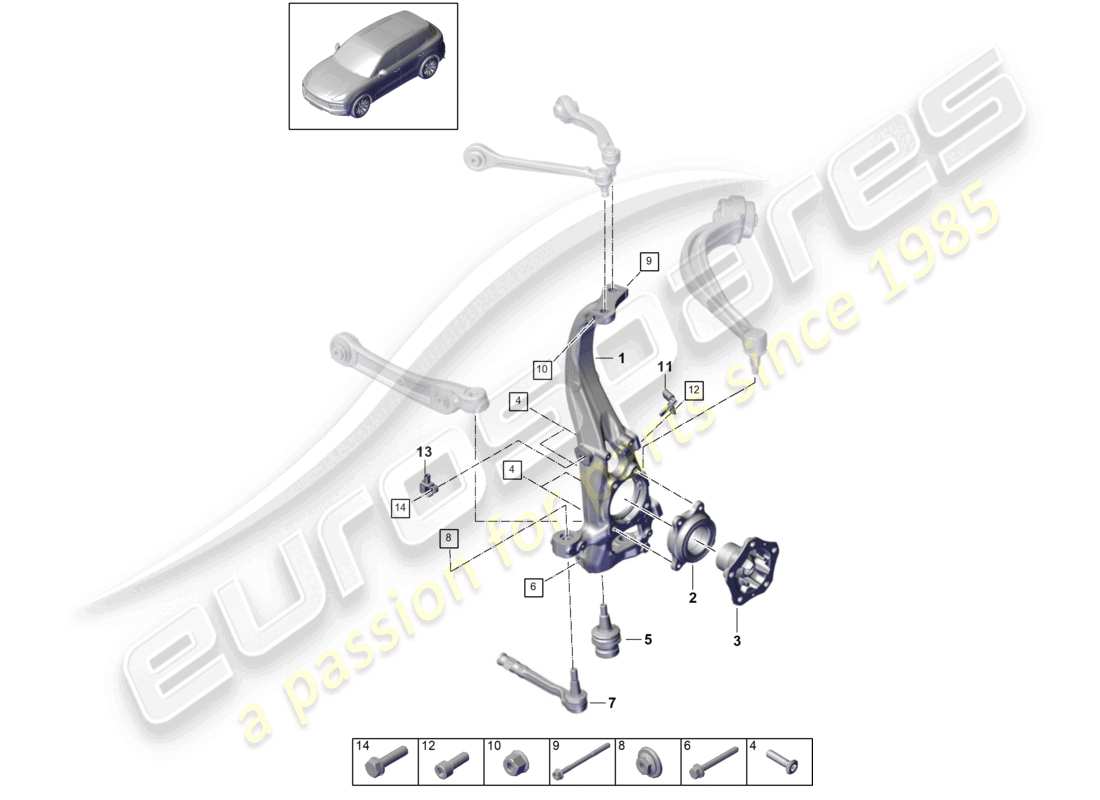 porsche 2023 (cayenne e3 9ya/9yb) wheel carrier swivel mounting wheel hub front axle part diagram