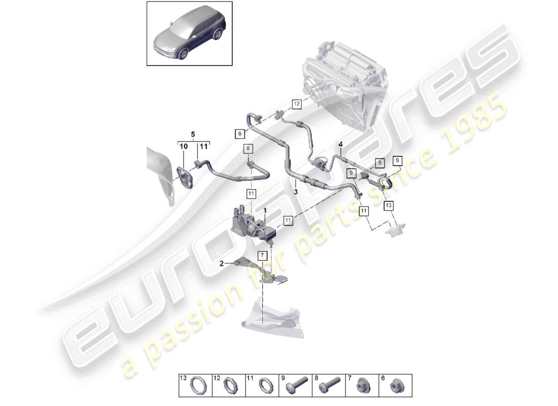 porsche 2021 (cayenne e3 9ya/9yb) refrigerant circuit rhd water box for vehicles with hybrid drive part diagram