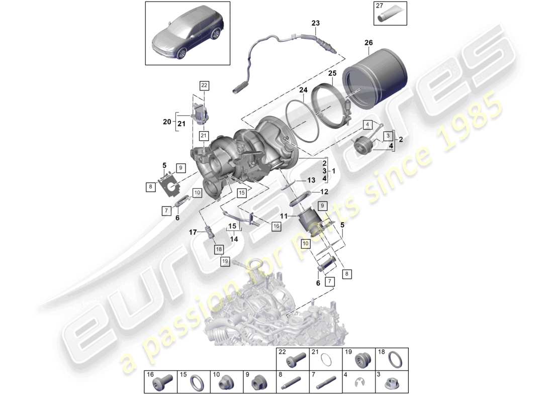 porsche 2024 (cayenne e3 9ya/9yb) exhaust gas turbocharger exhaust manifolds lambda probe parts diagram