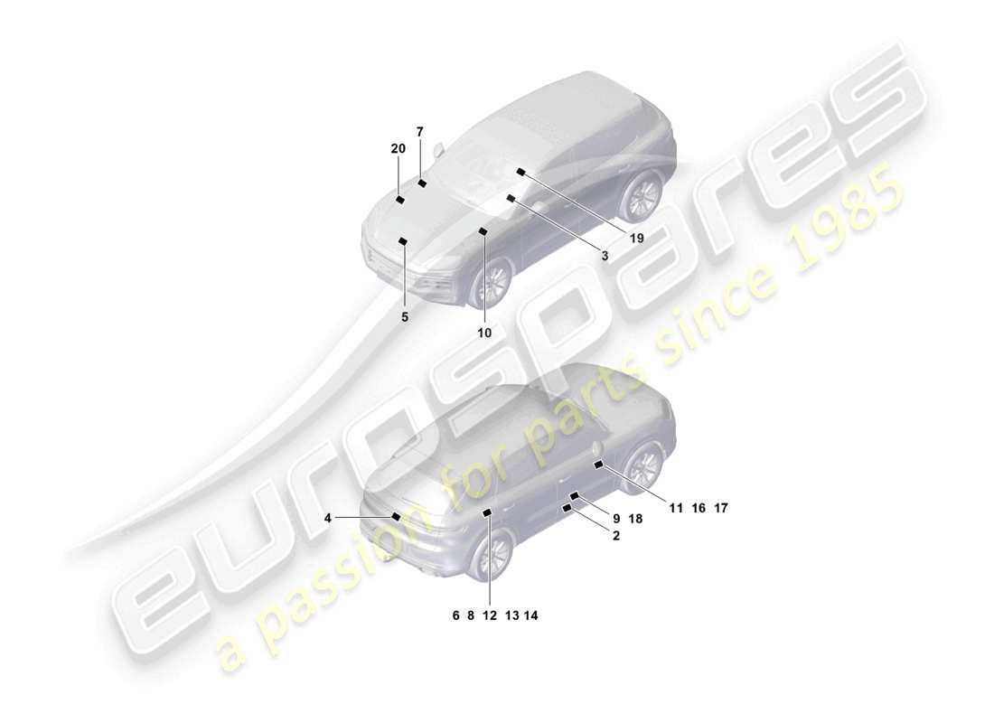 porsche 2023 (cayenne e3 pa) signs/notices spare wheel warning sign air conditioning auxiliary heater battery part diagram