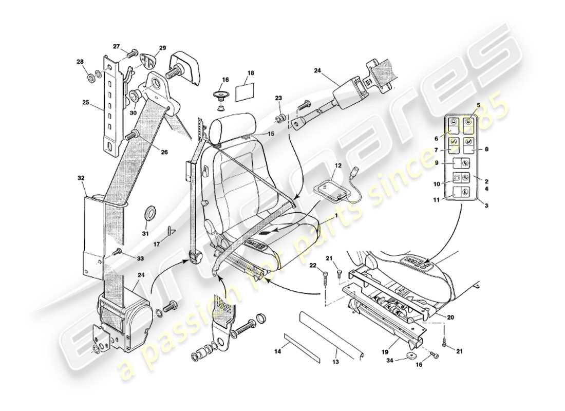aston martin v8 coupe (1999) front seats & belts v79080 & v79074on parts diagram