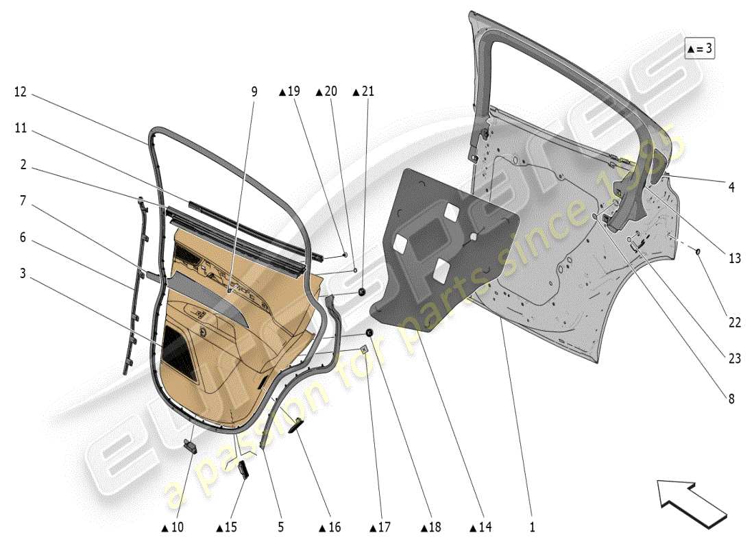 maserati grecale modena (2023) rear doors: trim panels parts diagram