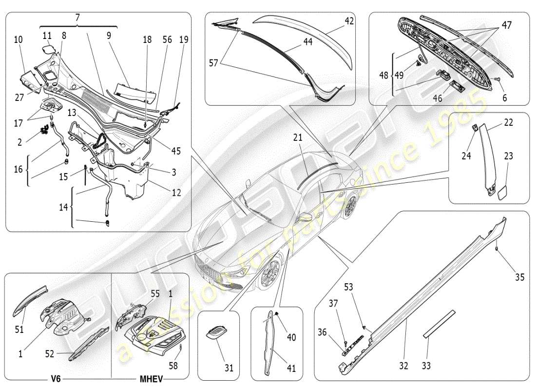 maserati ghibli (2021) shields, trims and covering panels part diagram