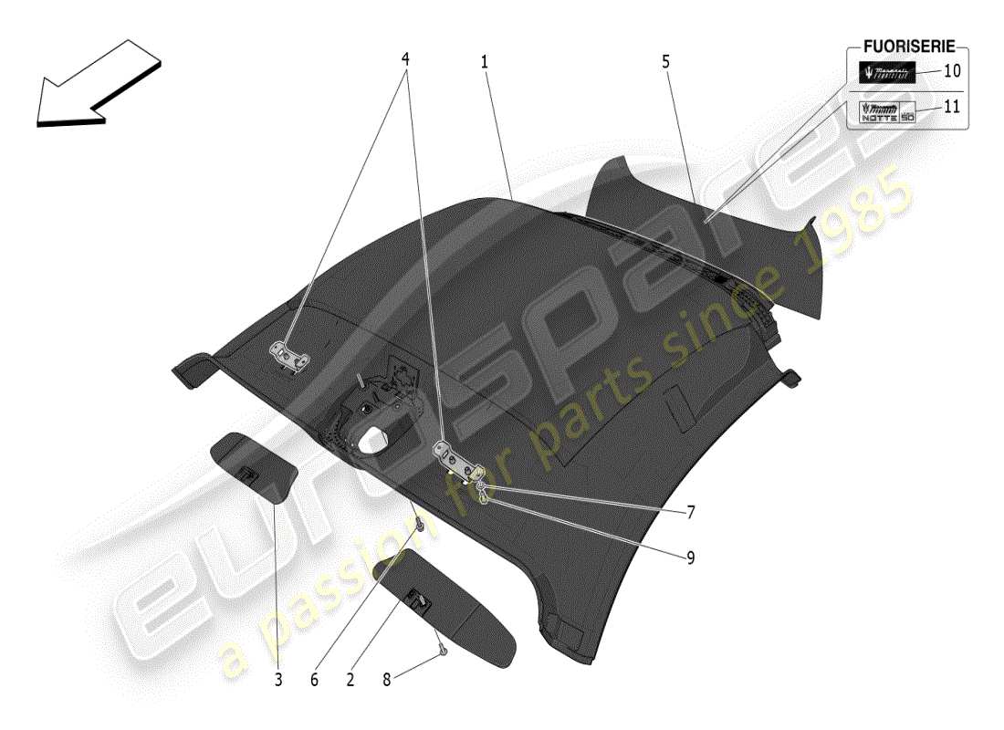maserati mc20 (2024) roof and sun visors part diagram