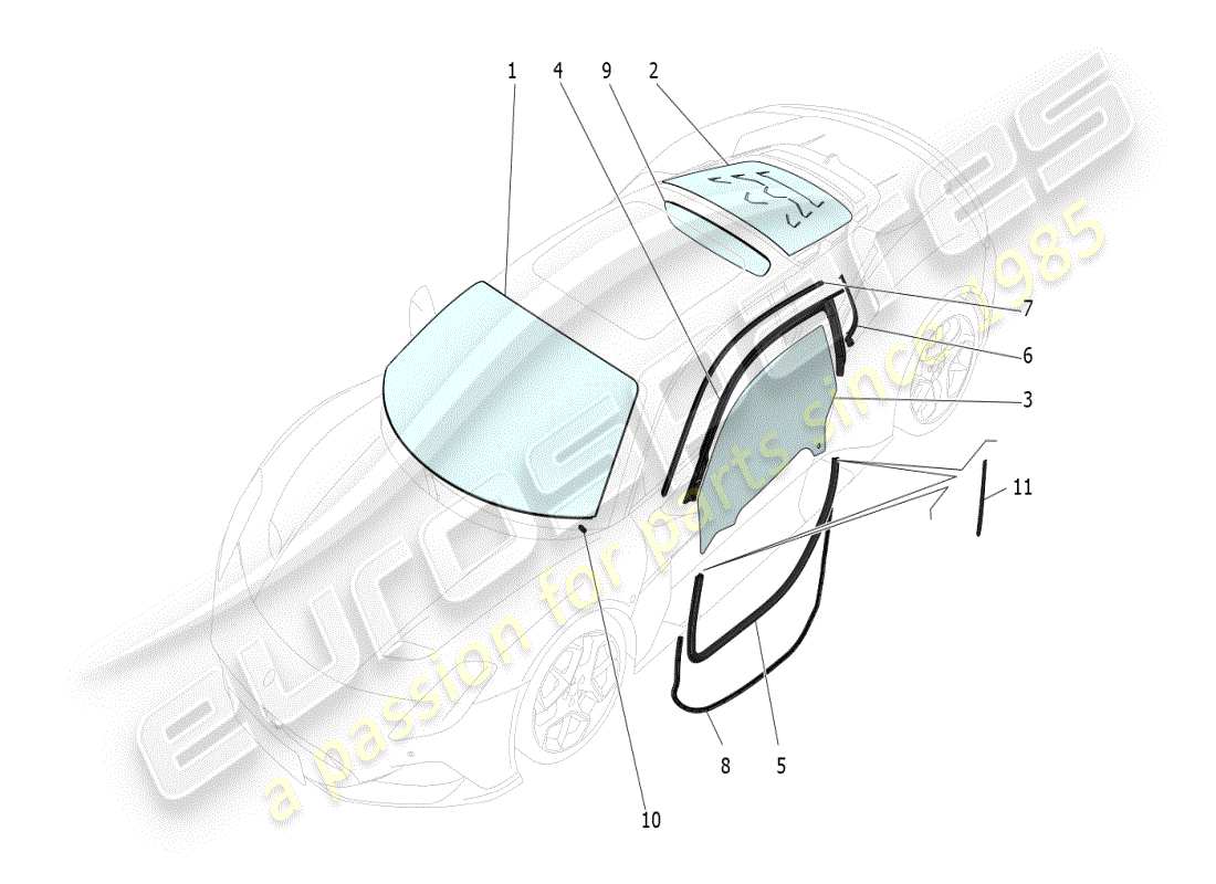 maserati mc20 (2024) windows and window strips part diagram