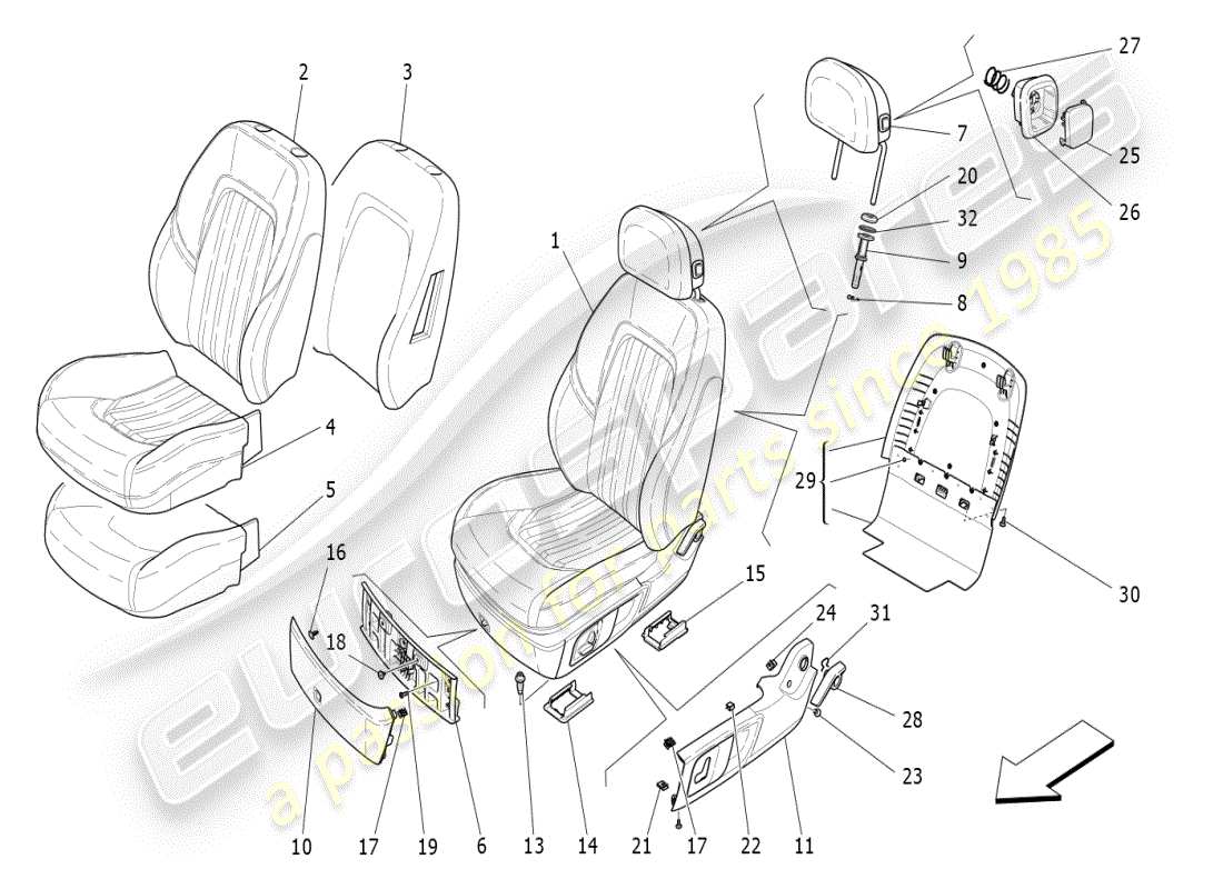 maserati ghibli (2019) front seats: trim panels part diagram