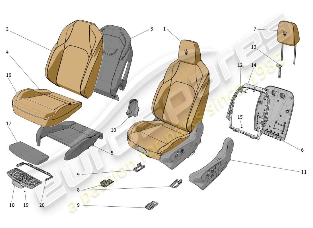 maserati grecale gt (2023) front seats: trim panels parts diagram