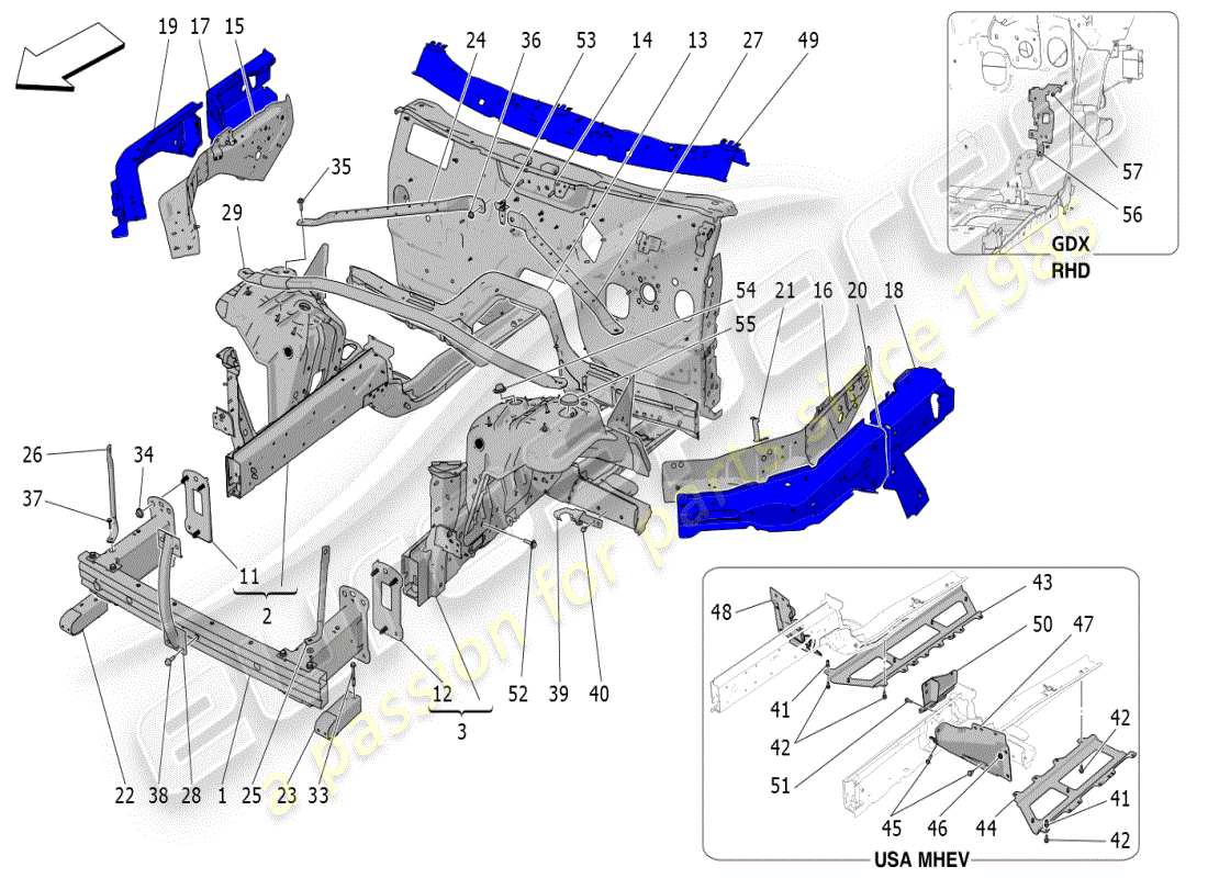 maserati grecale modena (2023) front structural frames and sheet panels parts diagram