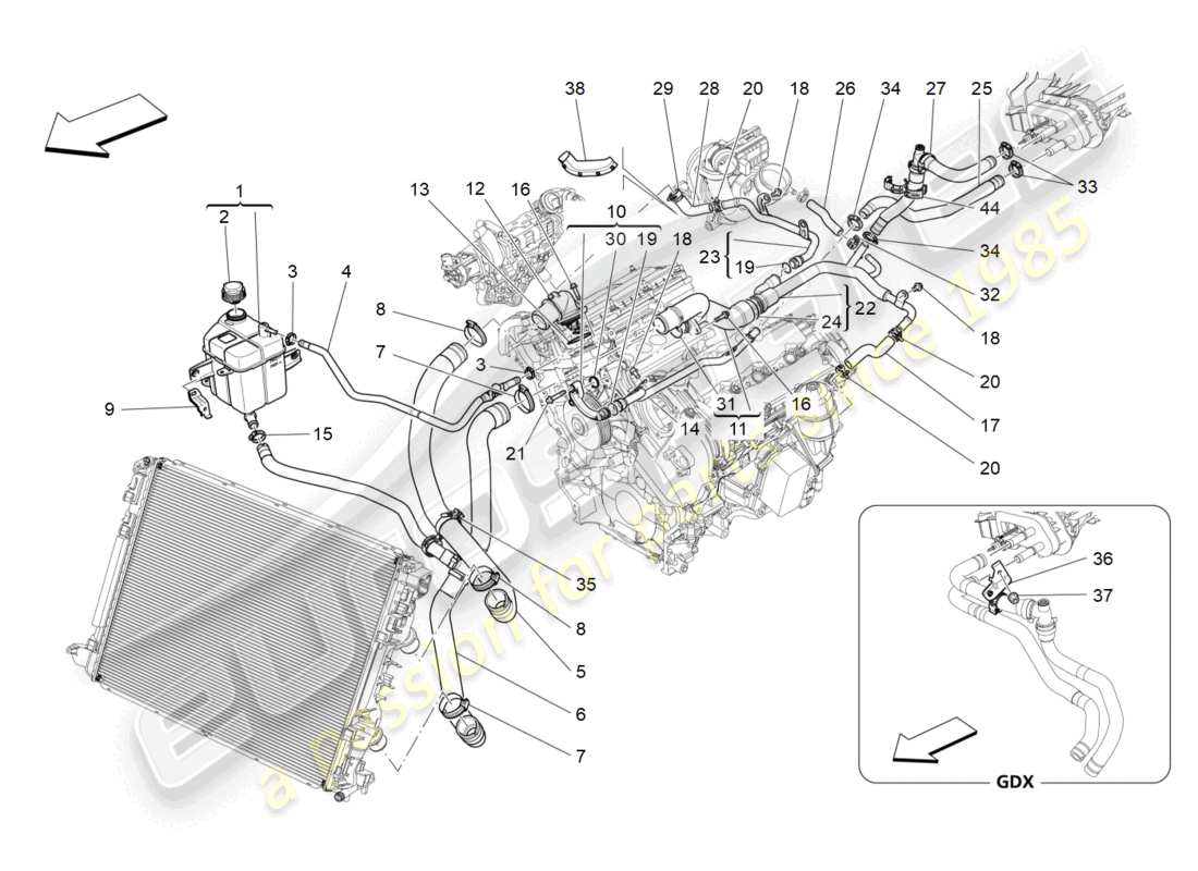 maserati ghibli (2017) cooling system: nourice and lines parts diagram
