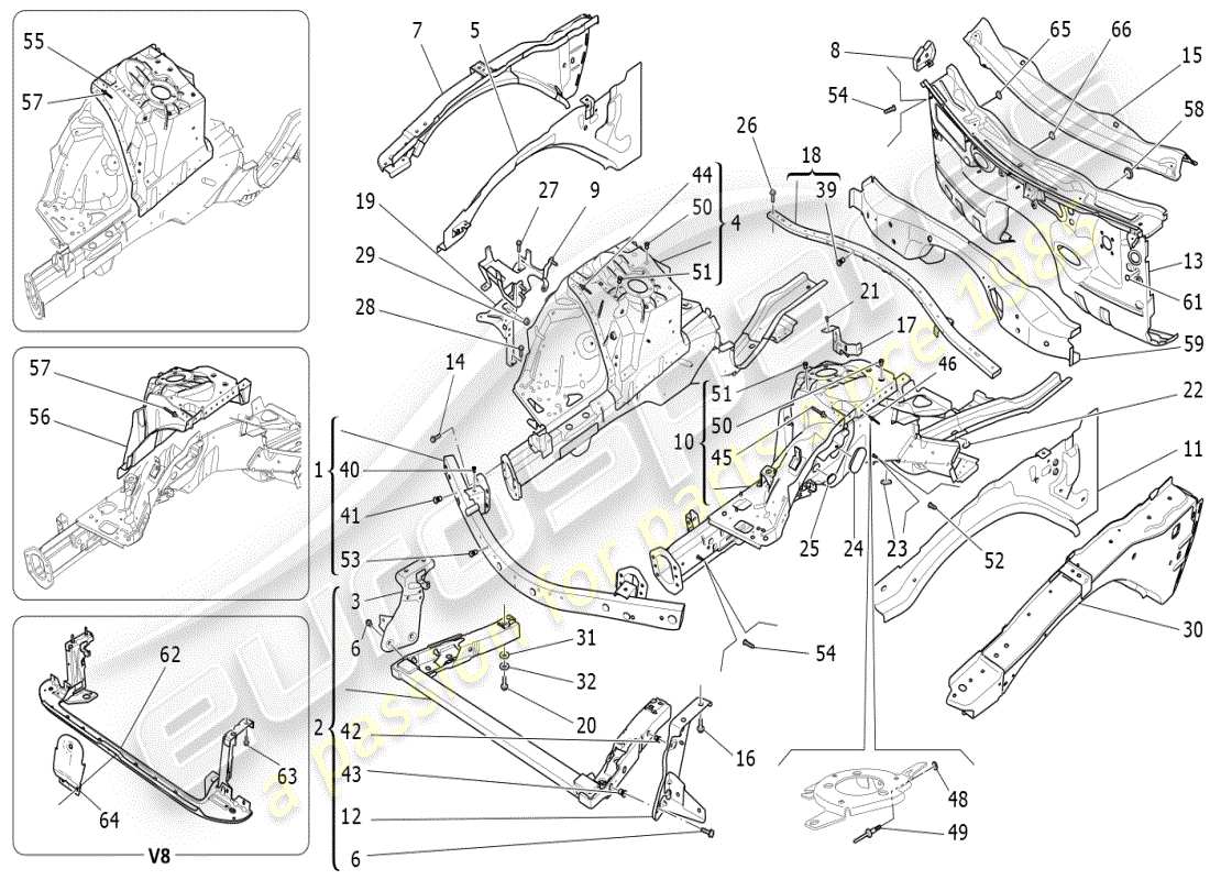 maserati ghibli (2019) front structural frames and sheet panels part diagram