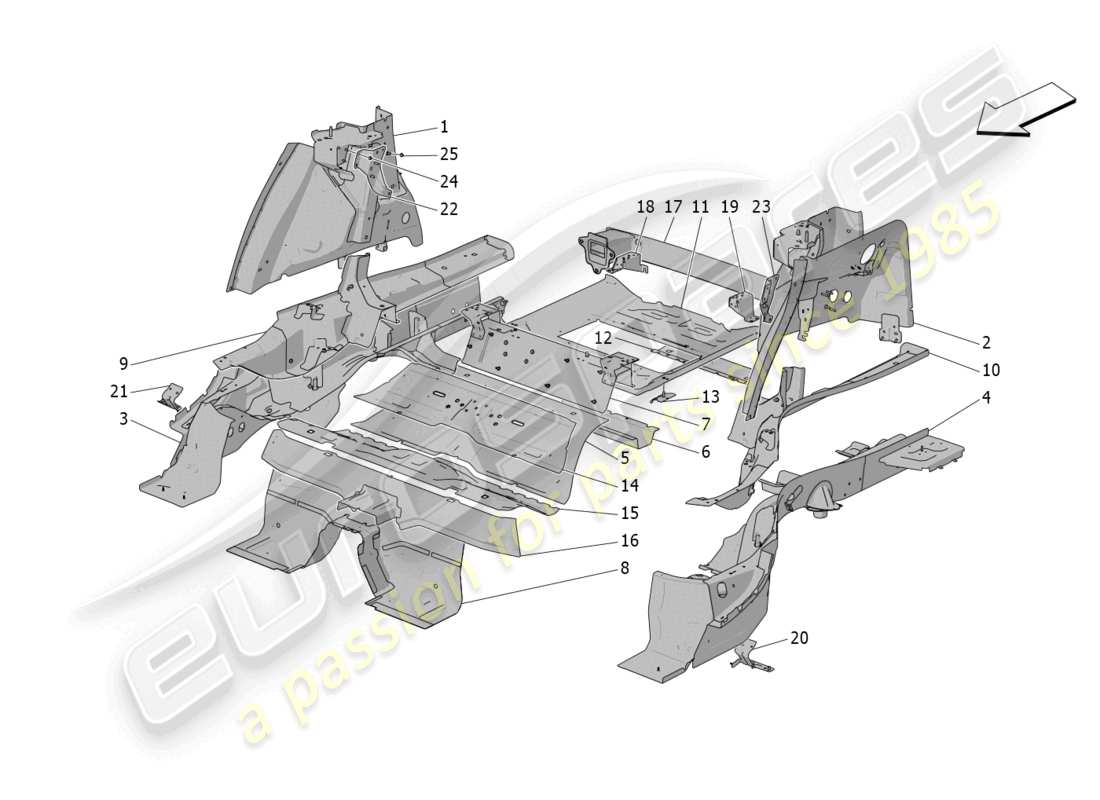 maserati grecale gt (2023) rear structural frames and sheet panels parts diagram