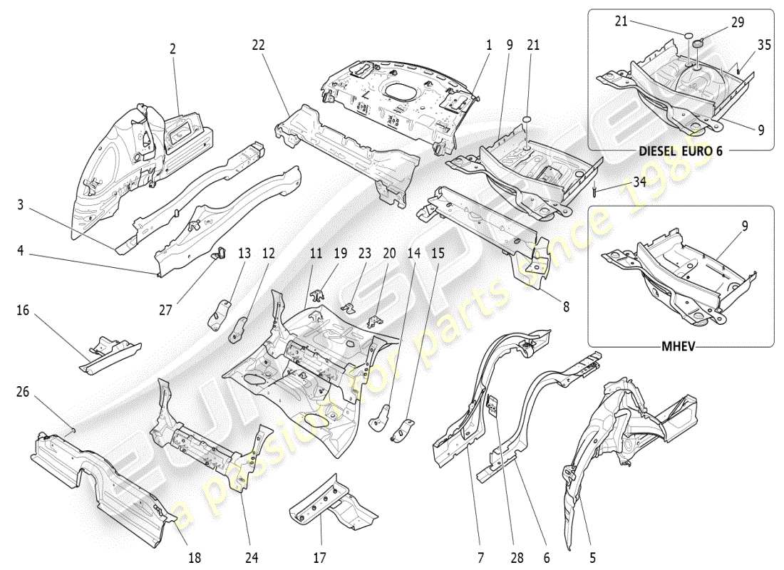 maserati ghibli (2019) rear structural frames and sheet panels part diagram