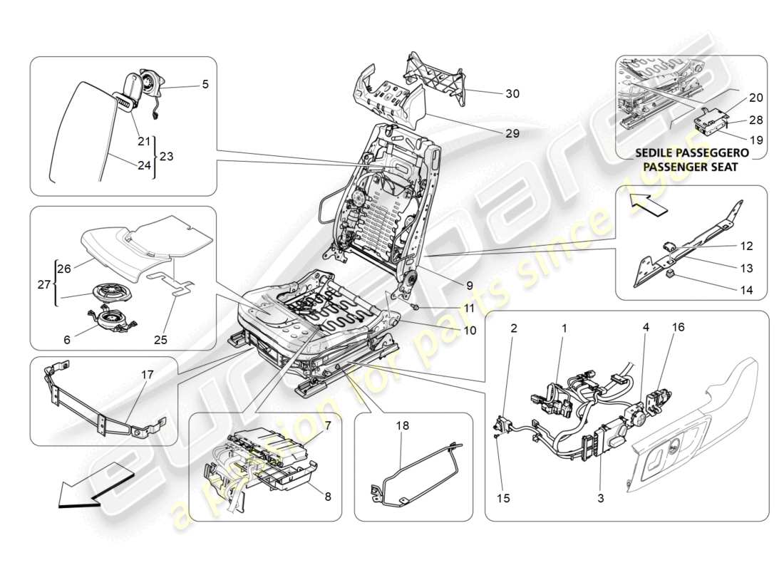 maserati levante gt (2022) front seats: mechanics and electronics parts diagram