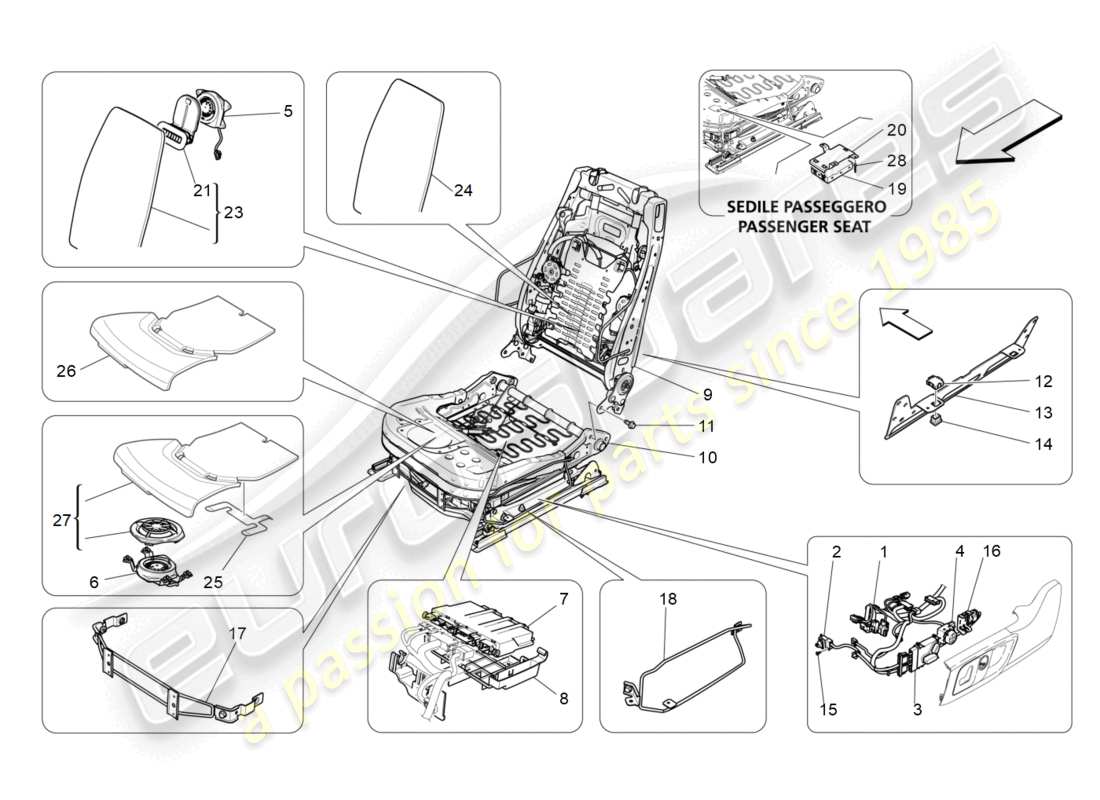 maserati ghibli (2018) front seats: mechanics and electronics parts diagram