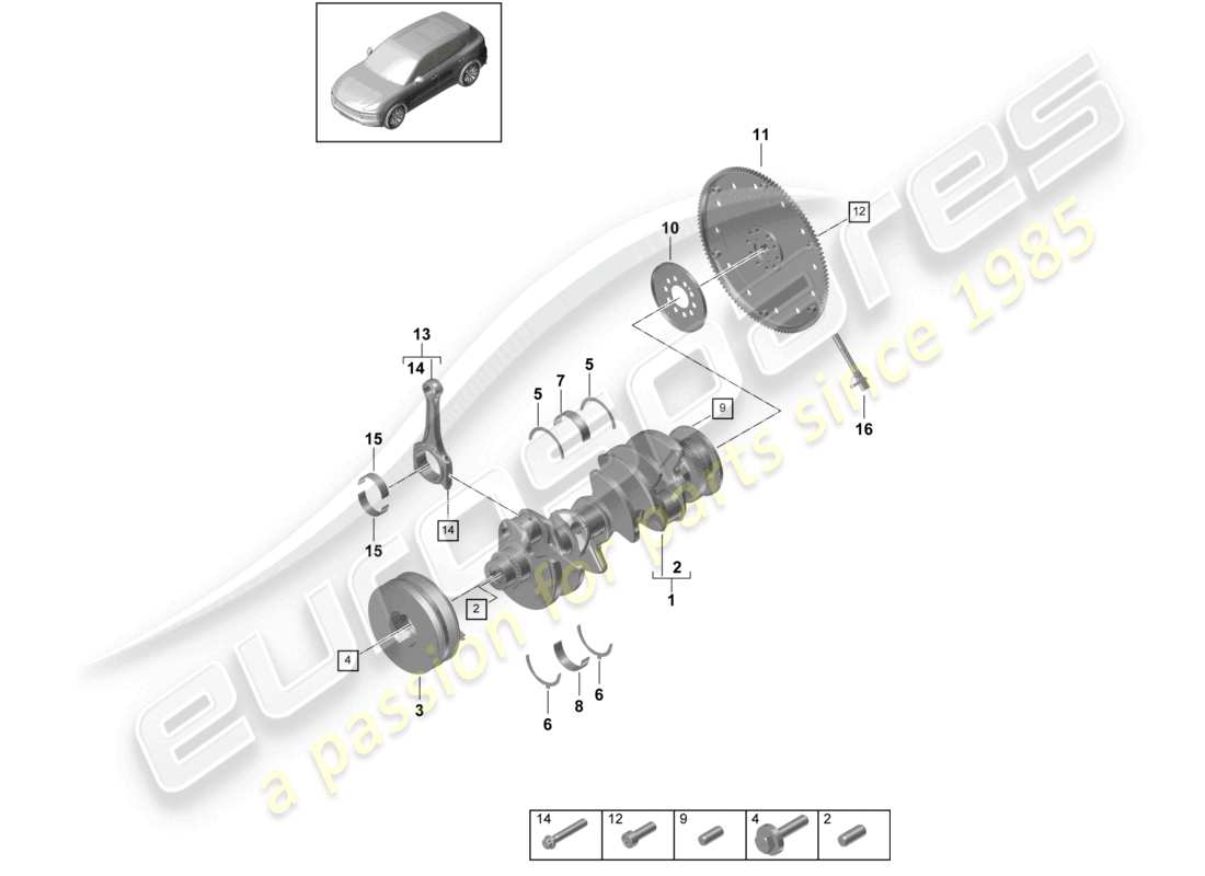 porsche 2021 (cayenne e3 9ya/9yb) crankshaft conrod clutch plate part diagram