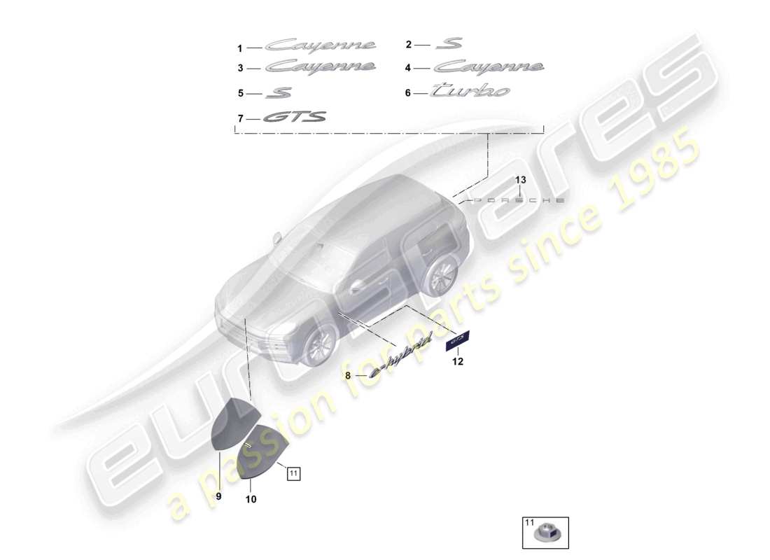 porsche 2023 (cayenne e3 pa) inscriptions/lettering front and rear porsche crest side outer part diagram