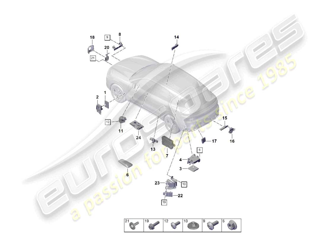 porsche 2023 (cayenne e3 pa) control units front end rear end ignition/starter switch aerial controls for garage door operation control unit for lane change assist control unit for distance regulation part diagram