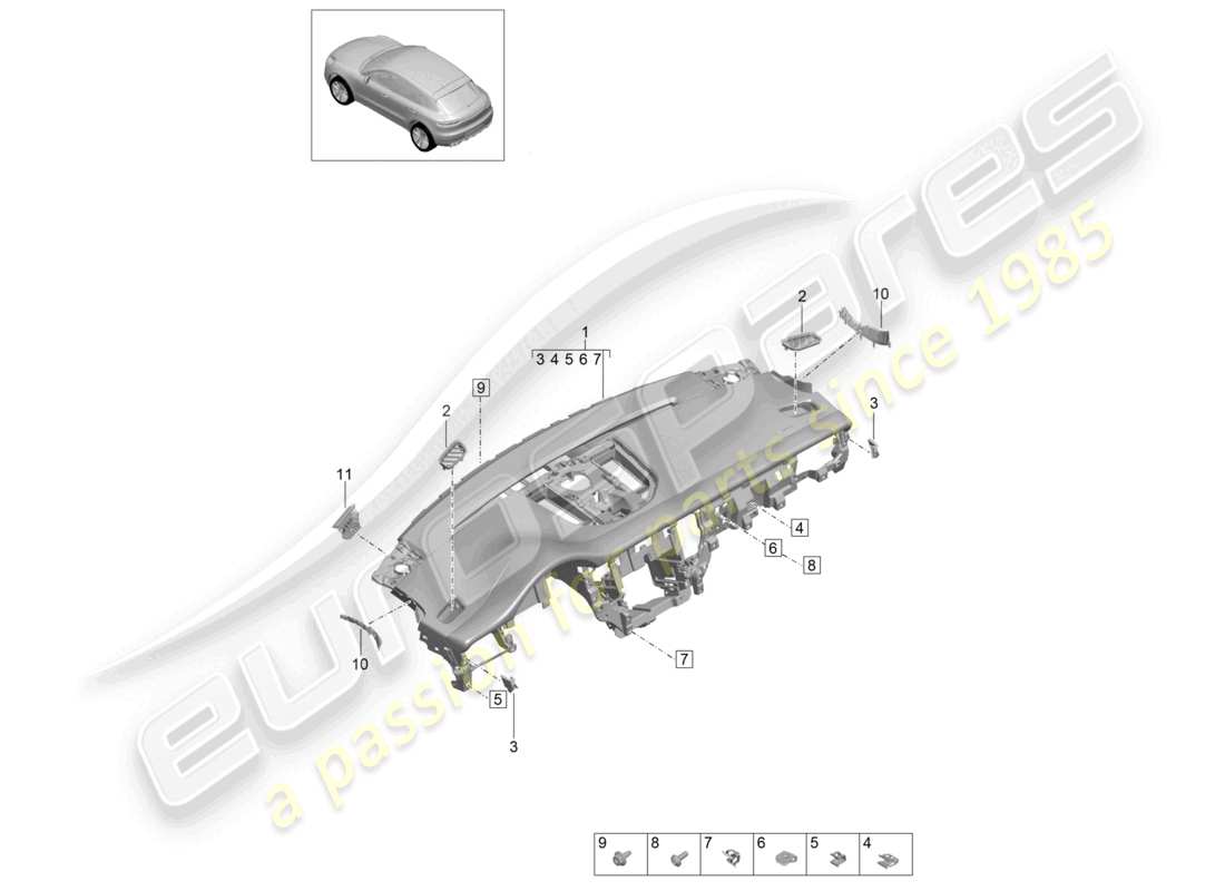 porsche 2021 (macan) instrument panel trim upper part part diagram