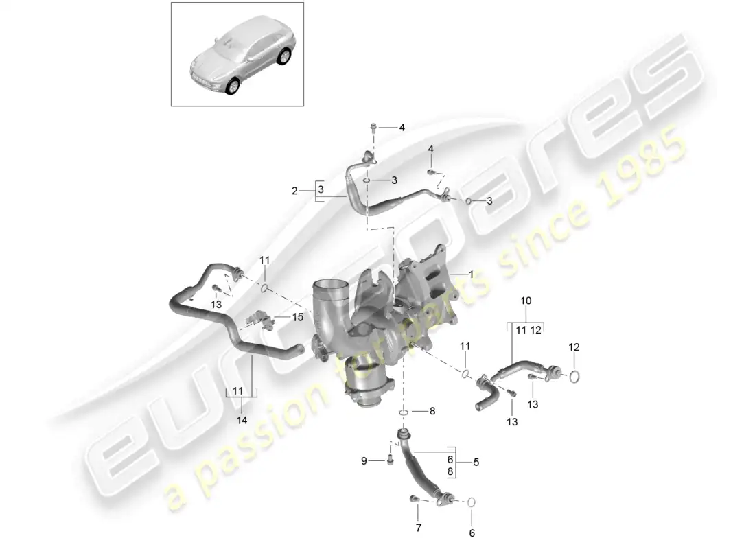 porsche 2014 (macan) oil pressure line coolant pipe for exhaust gas turbocharger parts diagram