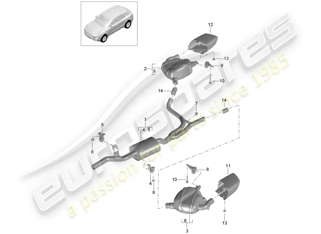 porsche 2014 (macan) exhaust system front silencer rear silencer parts diagram